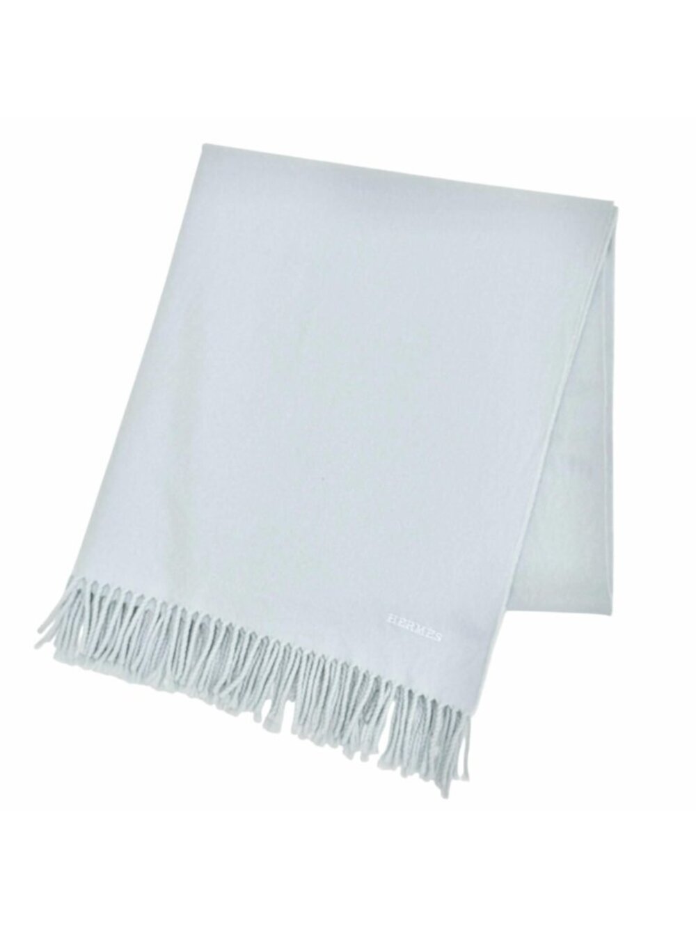 Hermes Cashmere 100% Logo Embroidery Large Shawl Scarf Light Blue